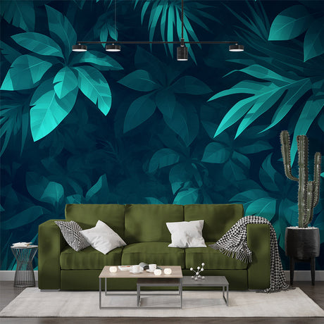 Tropical jungle leaf wallpaper creating depth in modern living room with emerald green monstera pattern