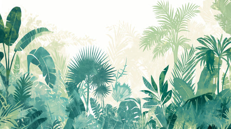 Tropical palm leaf wallpaper creating a fresh green accent wall in a modern living room with white furniture