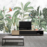 Exotic birds wallpaper with white backdrop in bright bedroom setting