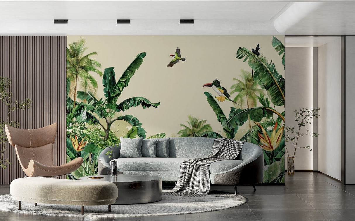 Tropical paradise wallpaper with exotic birds in modern living room, creating serene atmosphere