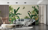 Tropical paradise wallpaper with exotic birds in modern living room, creating serene atmosphere