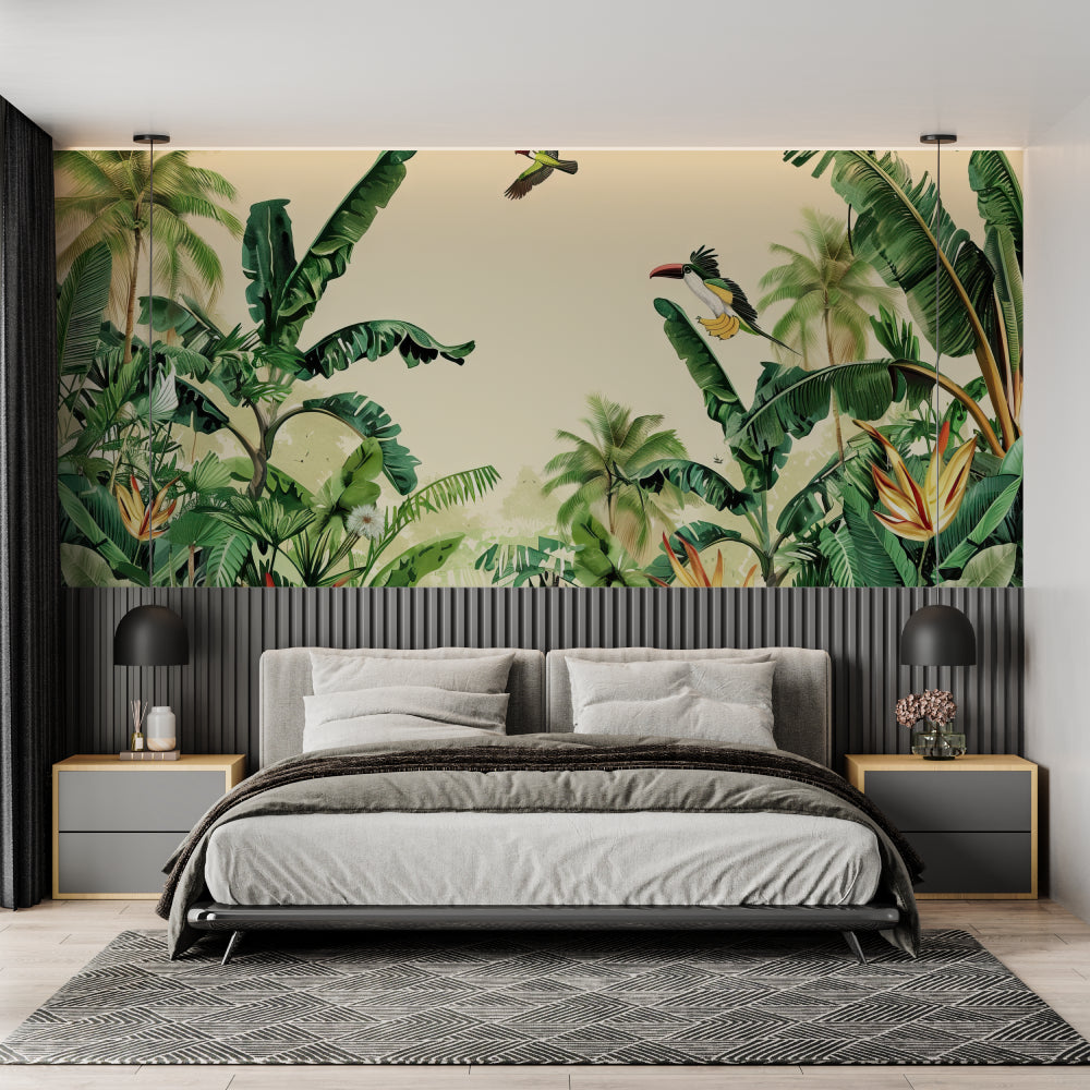 Botanical wall mural with banana leaves in cozy bedroom setting