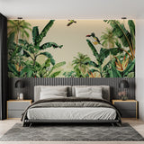 Botanical wall mural with banana leaves in cozy bedroom setting