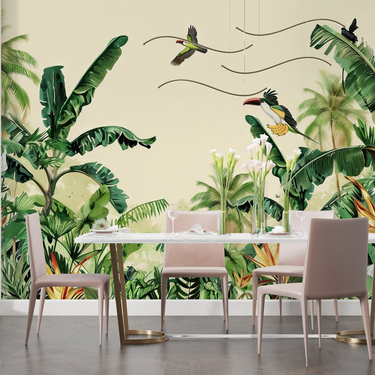 Exotic birds wallpaper bringing tropical vibes to dining room space