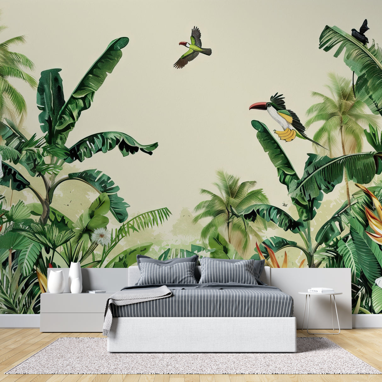 Tropical jungle mural creating statement wall in home office