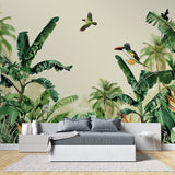 Tropical jungle mural creating statement wall in home office