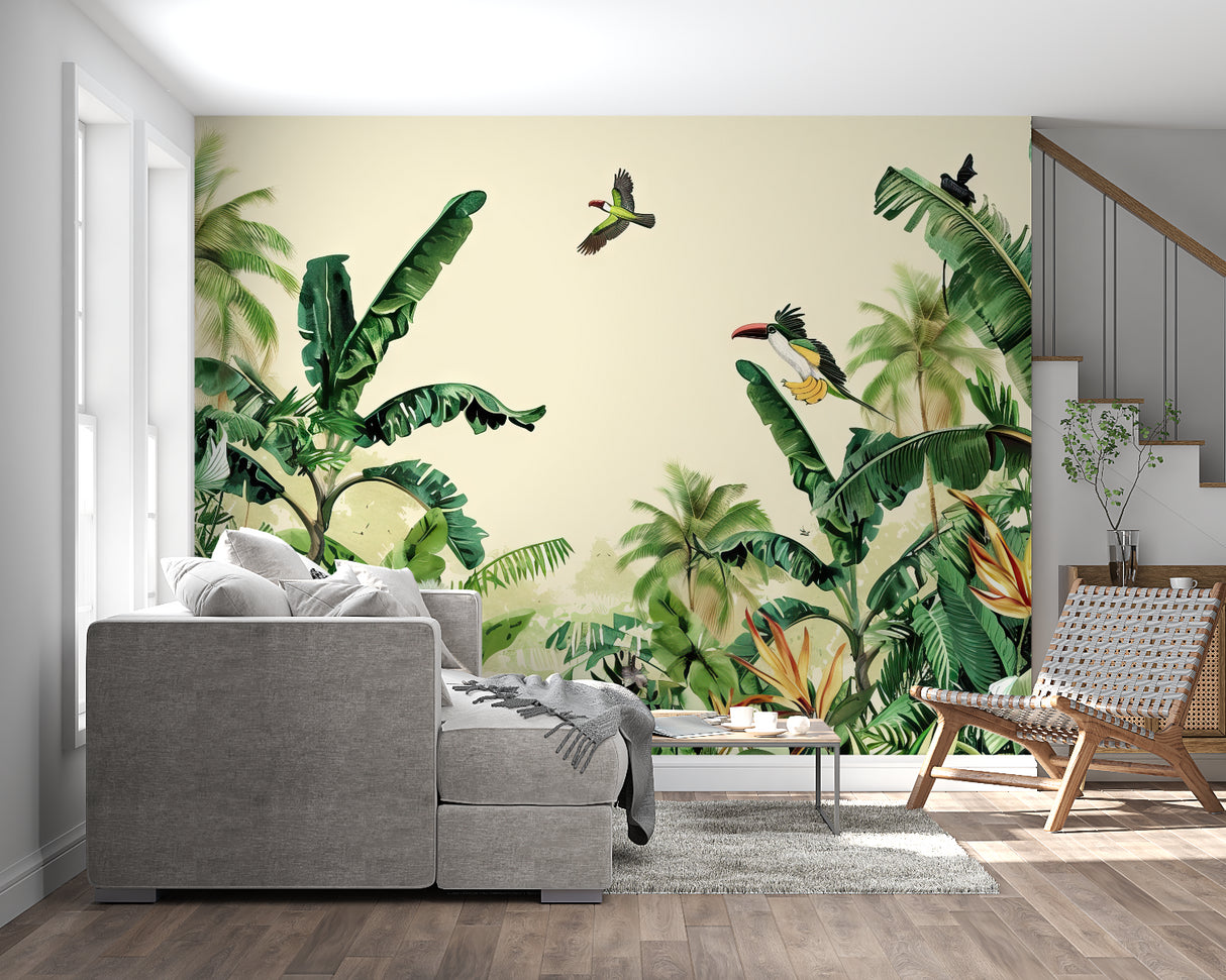 Paradise wallpaper with birds and leaves transforming entryway