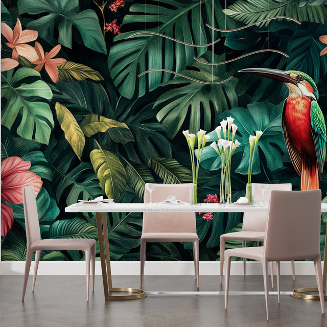 Tropical bird wallpaper with monstera leaves creating a stunning focal point in modern living room