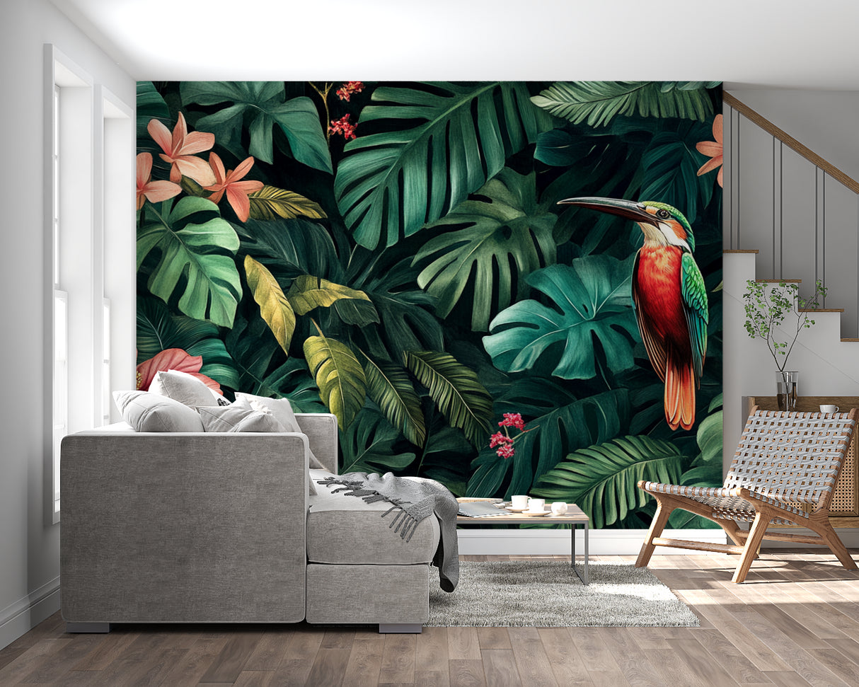 Exotic birds and monstera leaf wallpaper brightening a cozy bedroom space
