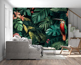 Exotic birds and monstera leaf wallpaper brightening a cozy bedroom space