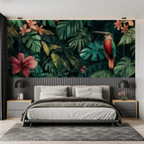 Monstera leaf wallpaper with birds transforming home office environment