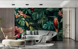 Jungle theme wallpaper creating resort feel in master bathroom