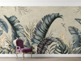 Tropical birds and palm leaves wallpaper in modern living room, creating an elegant nature-inspired accent wall