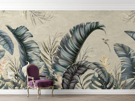 Tropical birds and palm leaves wallpaper in modern living room, creating an elegant nature-inspired accent wall