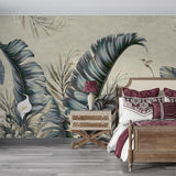Master bedroom featuring tropical bird wallpaper with palm leaves, showing peaceful morning light