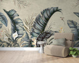 Dining room with exotic birds and palm leaves mural wallpaper, perfect for entertaining