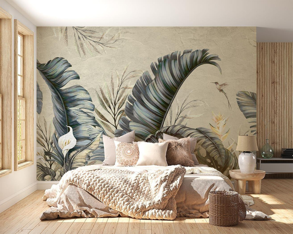 Home office space with tropical palm leaf wallpaper creating a calm work environment