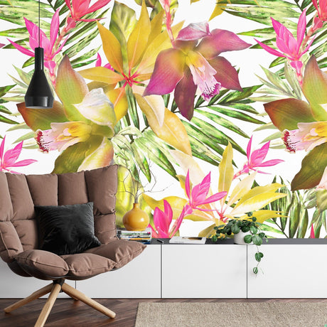 Tropical flower wallpaper with pink orchids creating a bright, airy feel in a modern living room setting
