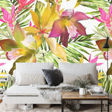Pink orchid wallpaper bringing exotic garden vibes to a master bedroom with natural lighting