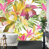 Exotic floral wallpaper showcased in a bright dining room with contemporary furniture