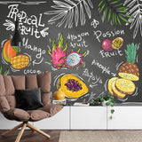 Exotic fruit wall mural creating fun dining room accent wall with chalk style artwork