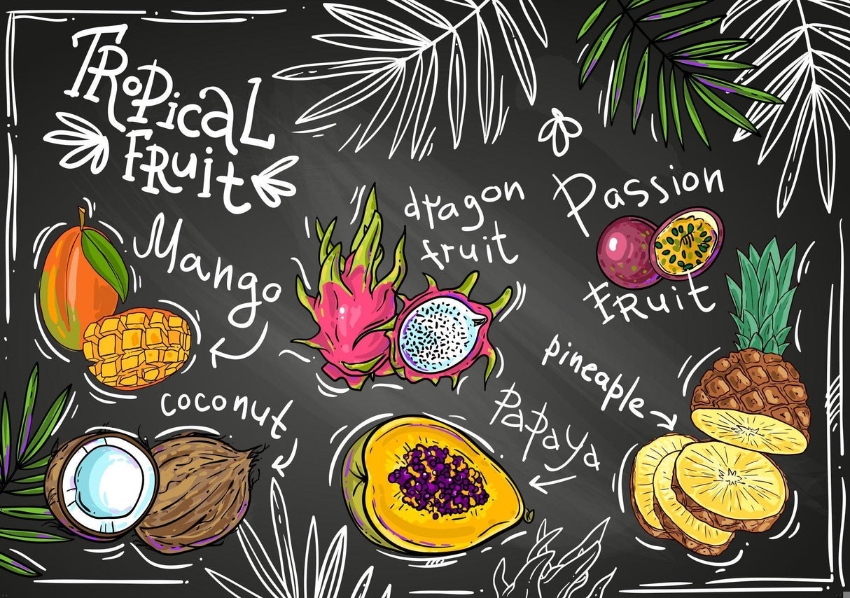 Tropical fruits chalkboard wallpaper design file showing detailed fruit sketches and palm elements