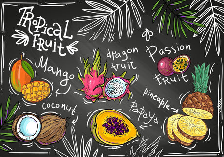 Tropical fruits chalkboard wallpaper design file showing detailed fruit sketches and palm elements