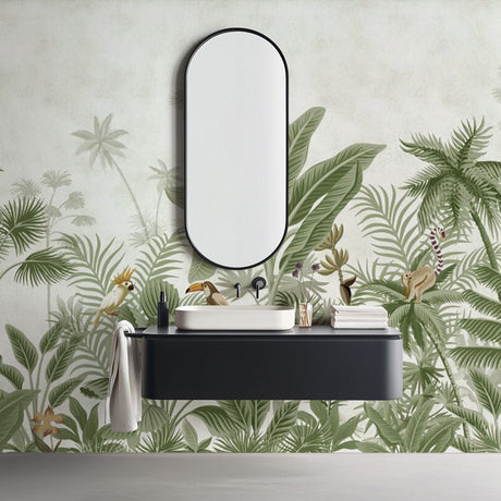 Tropical jungle wallpaper with exotic birds and lemurs creating a peaceful atmosphere in a modern living room