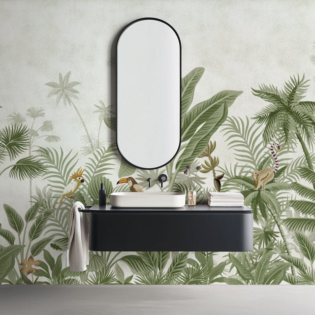 Tropical jungle wallpaper with exotic birds and lemurs creating a peaceful atmosphere in a modern living room
