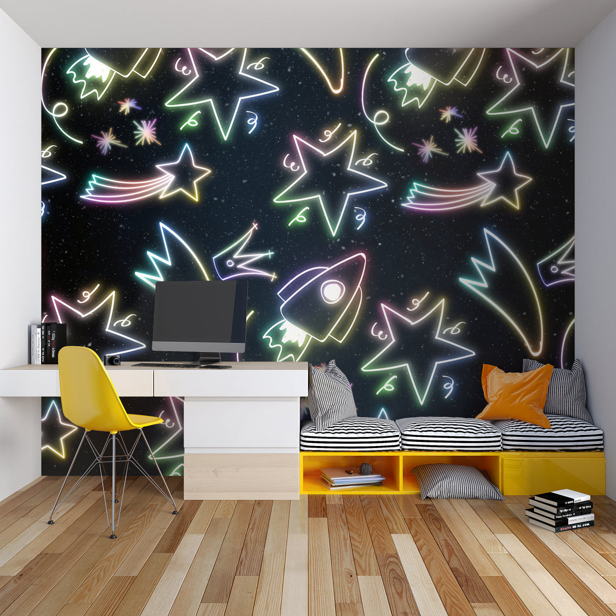 Flamingo paradise mural transforming a dining room with its dreamy nighttime scene