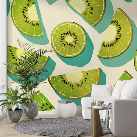 Tropical fruit wallpaper with kiwi pattern bringing fresh energy to a modern kitchen space