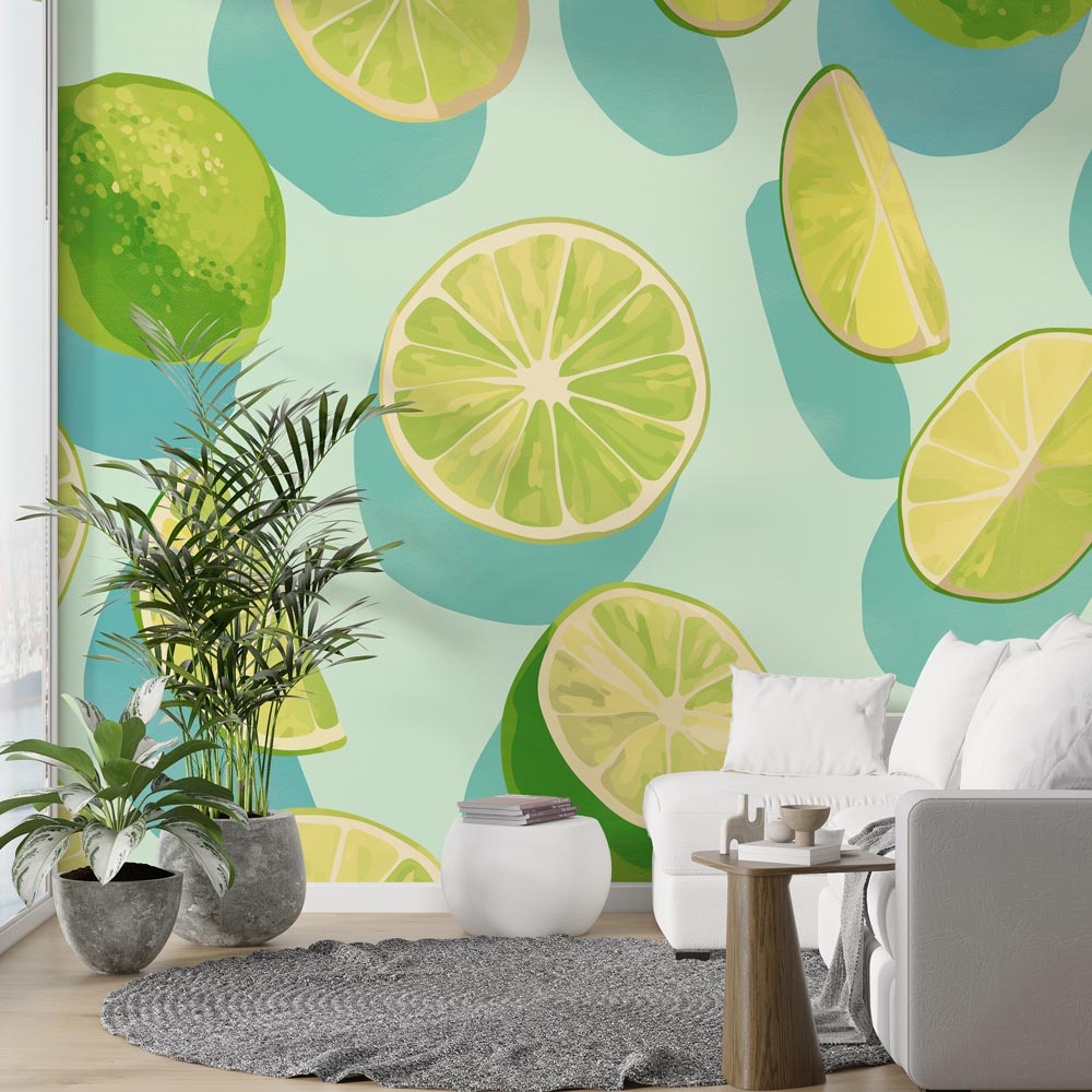 Tropical lime pattern wallpaper brightening a modern kitchen with fresh citrus design and mint green accents