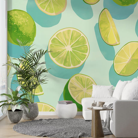 Tropical lime pattern wallpaper brightening a modern kitchen with fresh citrus design and mint green accents
