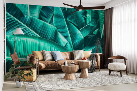Tropical leaf wallpaper in modern living room showing large banana leaves against white walls