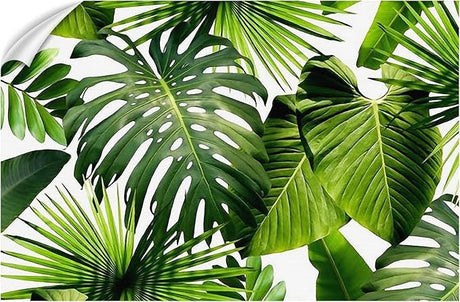 Design file showing detailed Monstera and palm leaf pattern on white background