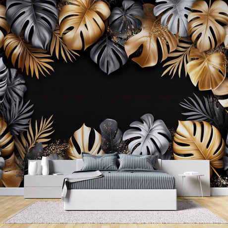 Tropical gold and black Monstera leaf wallpaper in modern dining room with pendant lights
