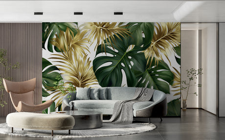 Tropical leaf wallpaper with gold and green monstera pattern in modern living room with natural light
