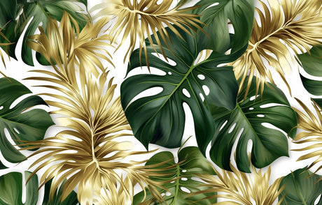 Detailed design file of gold and green monstera leaf pattern on white background