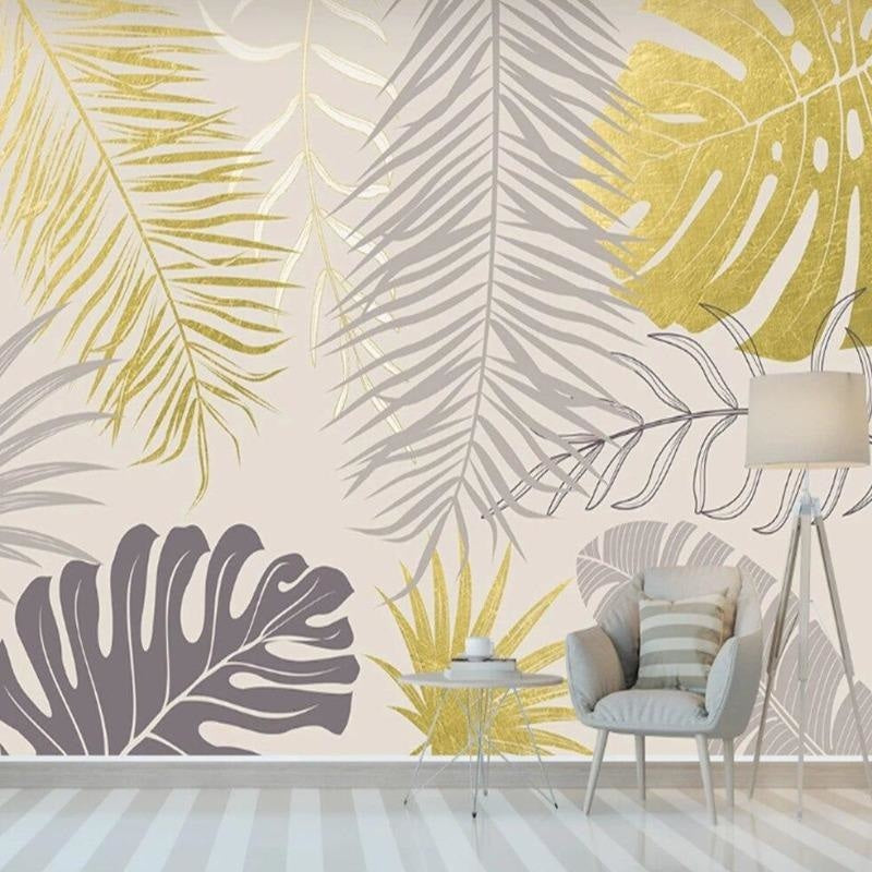 Gold and grey tropical wall mural adding elegance to a master bedroom with soft lighting