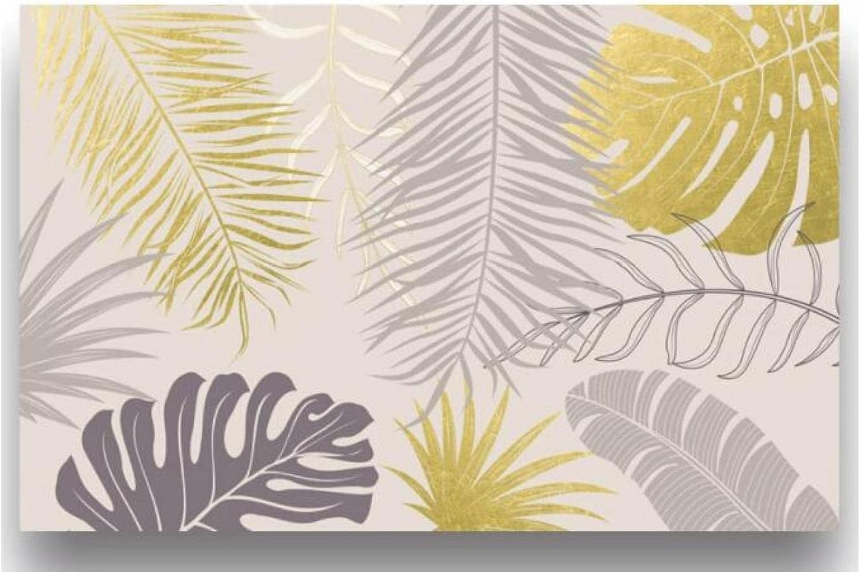 Tropical palm leaves design file showing detailed gold and grey pattern on ivory background