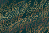 Design file showing detailed gold banana leaves pattern on emerald green background