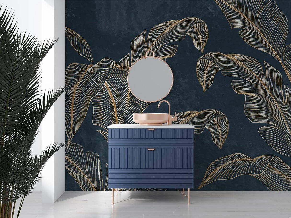Luxury master bedroom featuring gold banana leaf wallpaper with dramatic navy background and soft lighting