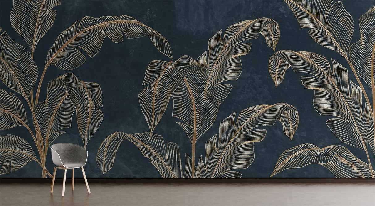 Elegant dining room showcasing tropical gold leaf wallpaper mural with contemporary furniture and lighting