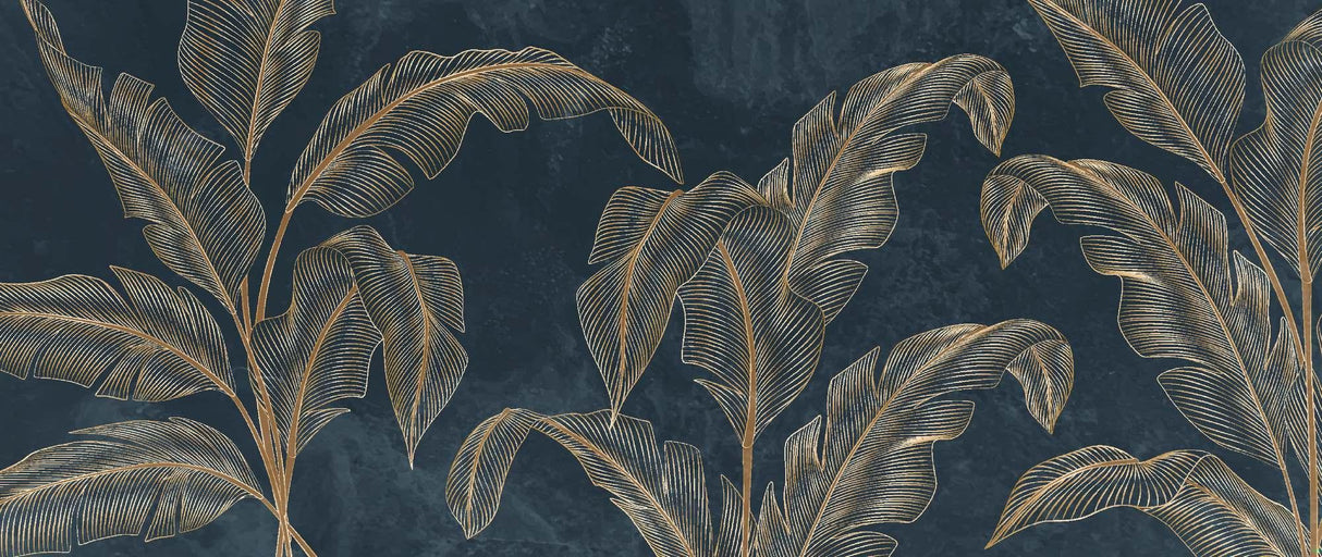 Gold banana leaves on navy design file showing intricate botanical pattern and metallic details