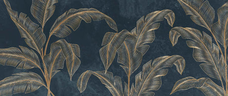 Gold banana leaves on navy design file showing intricate botanical pattern and metallic details
