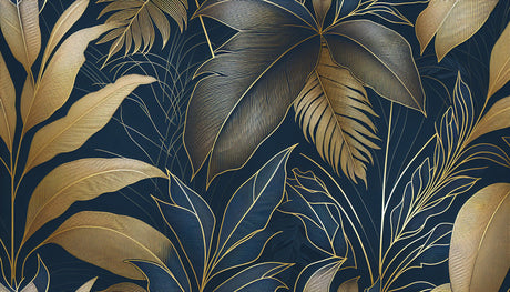 Gold leaf tropical design file showing detailed art deco pattern on navy background