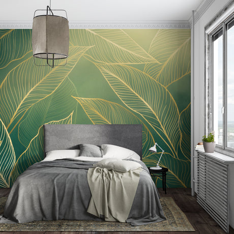 Tropical gold leaf wallpaper creating a luxurious atmosphere in a modern living room setting
