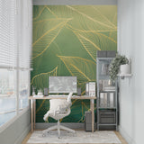 Green and gold tropical wallpaper brightening up a cozy bedroom space