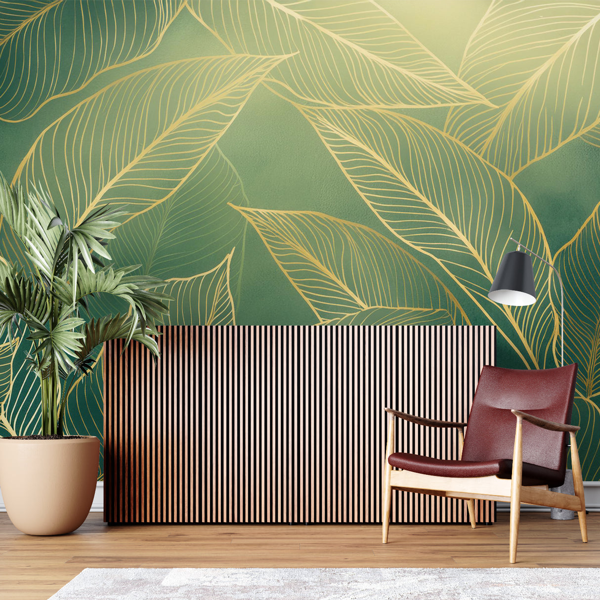 Botanical wall mural showcased in a stylish home office environment