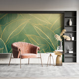 Gold leaf wallpaper adding luxury to a contemporary hallway space